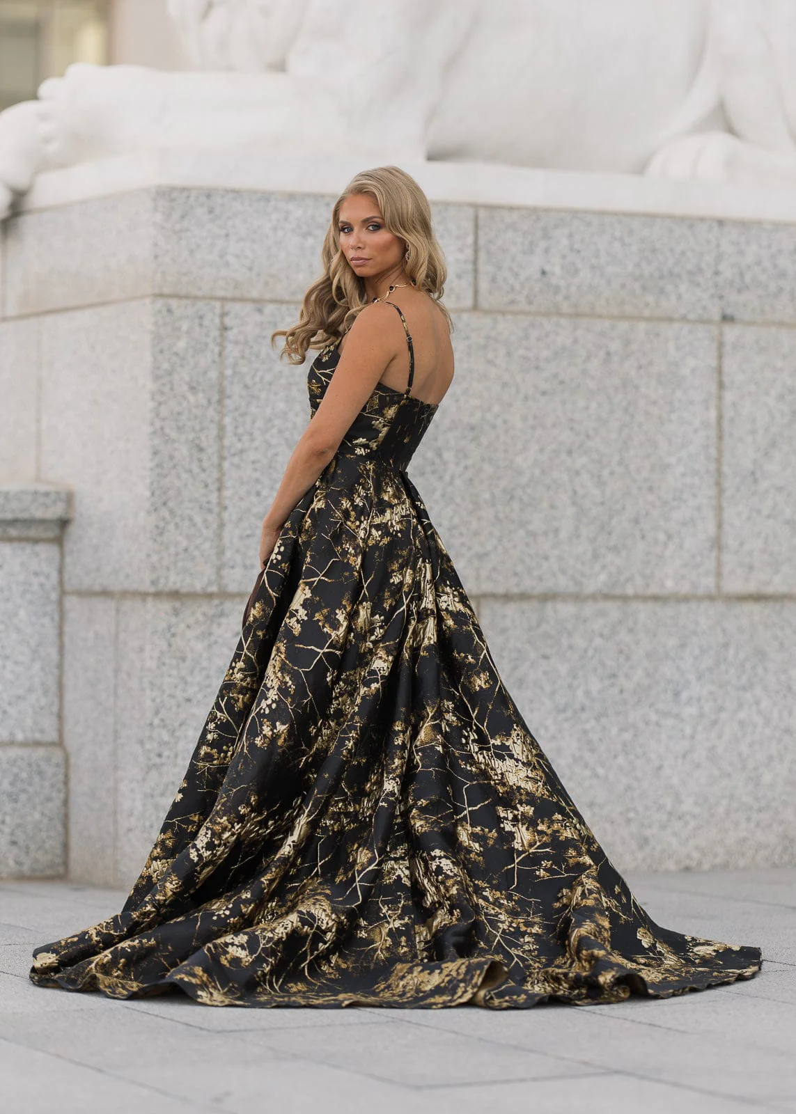 Arabella Sleeveless Gold Foil High Slit Formal Dress - Black - Image 5