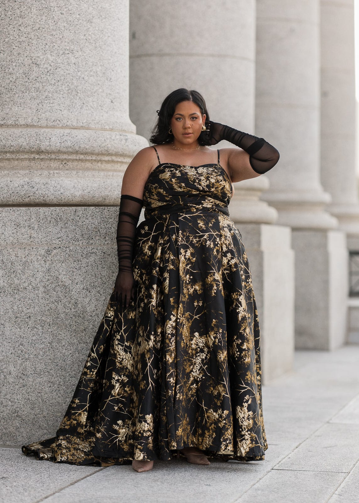 Arabella Sleeveless Gold Foil High Slit Formal Dress - Black - Image 6