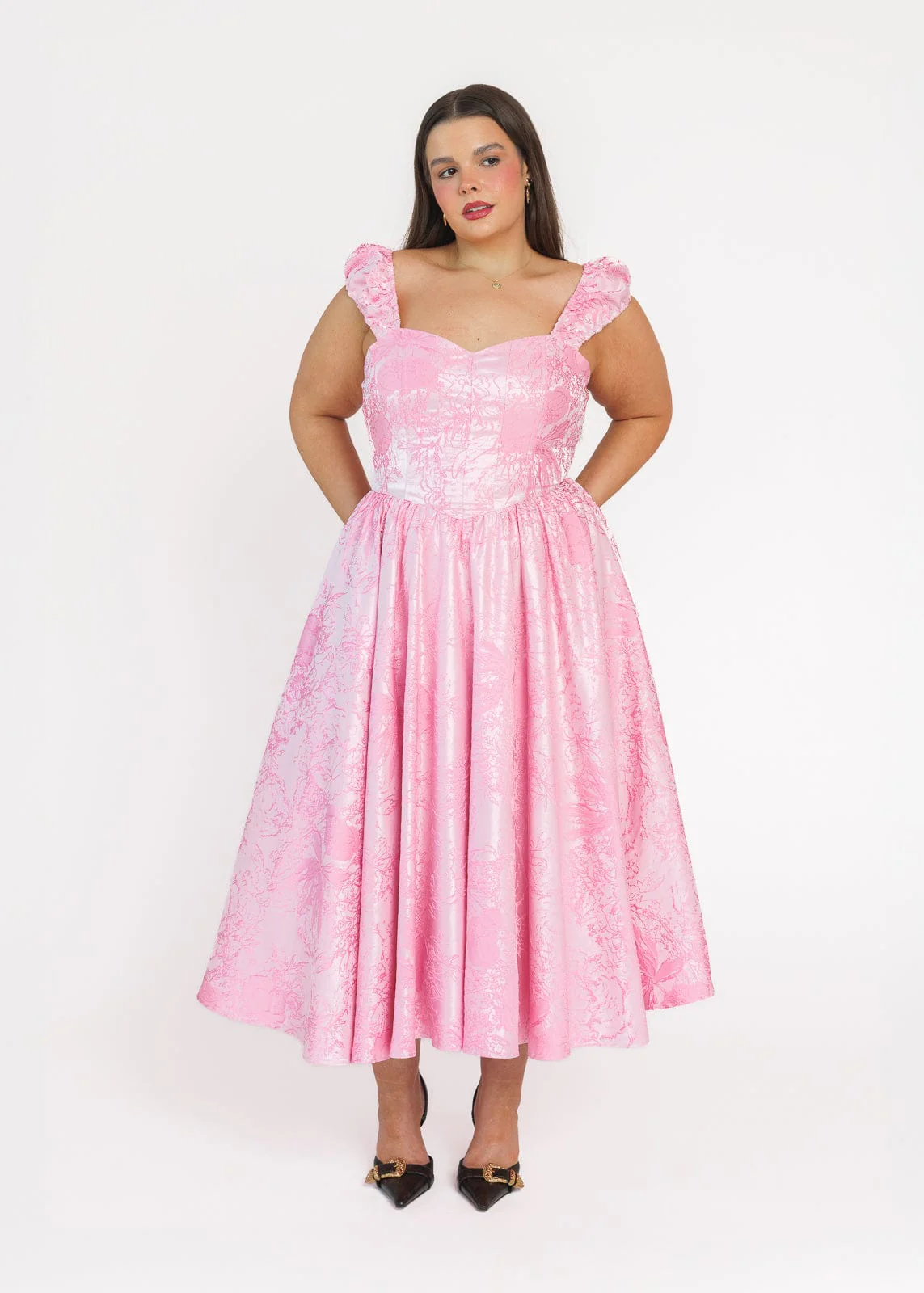 Carolyn A-Line Basque Waist Midi Dress - Pink - Image 4