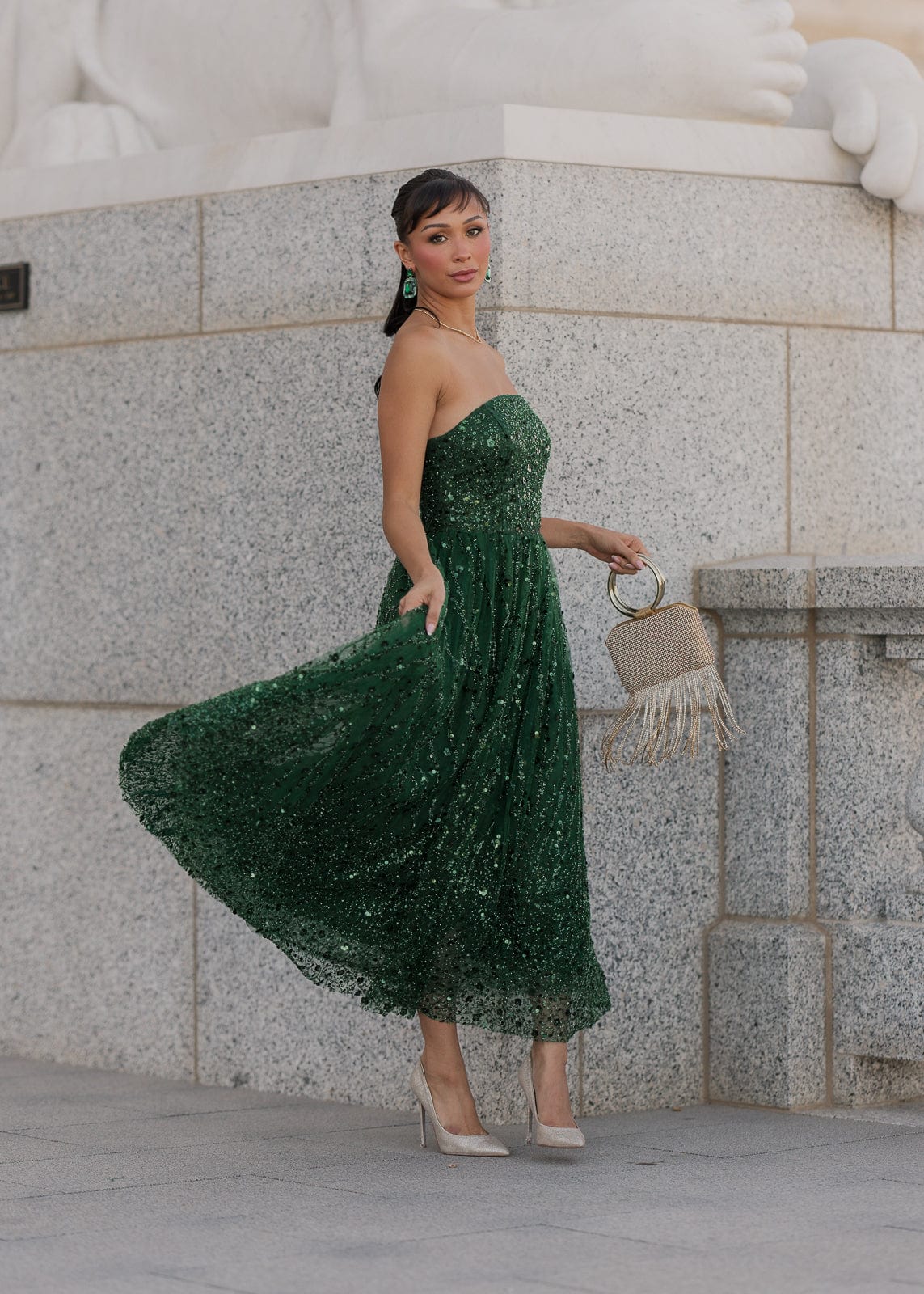 Elphie Strapless Sequin Corset Midi Dress - Green - Image 11