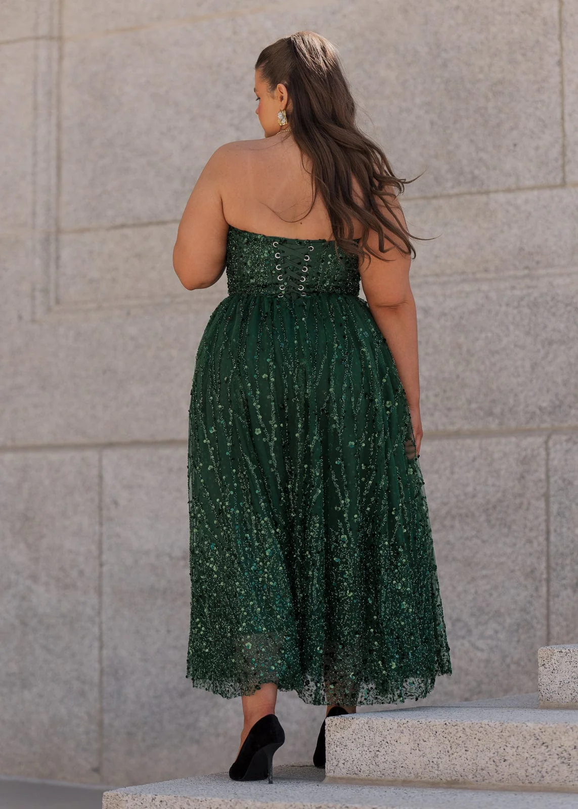 Elphie Strapless Sequin Corset Midi Dress - Green - Image 7