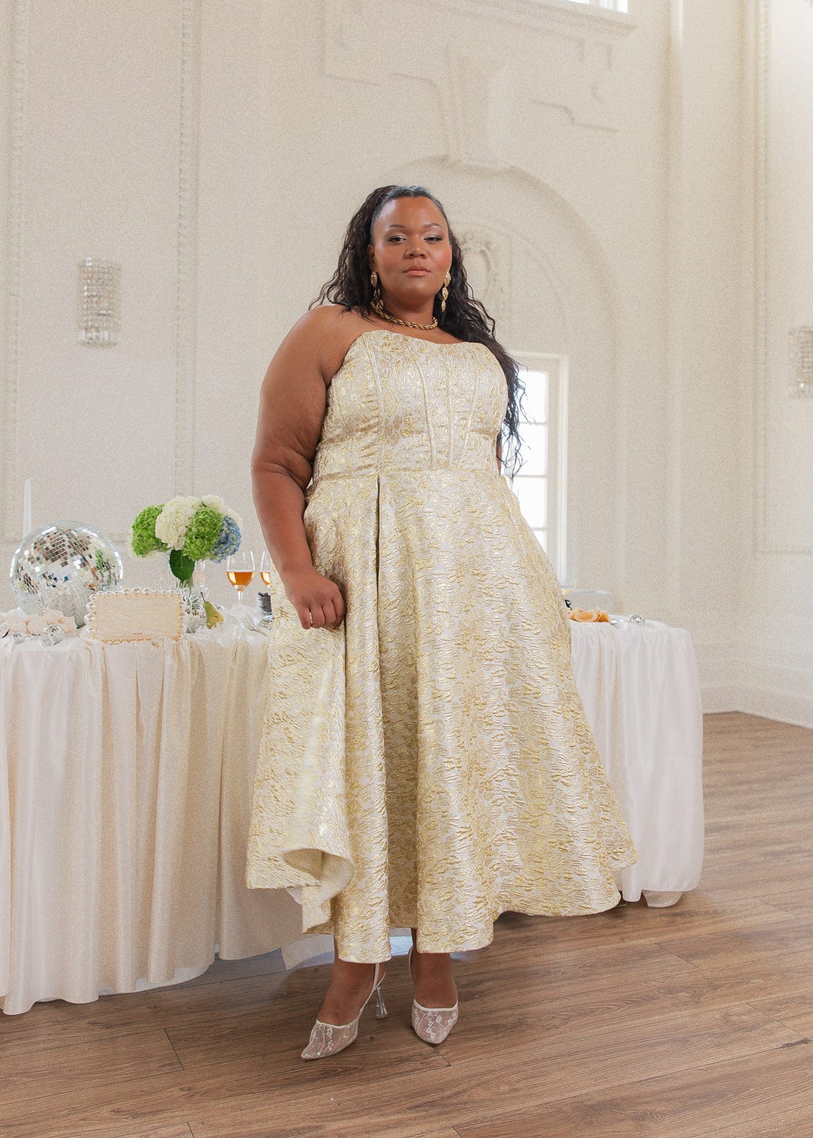 Gloria Strapless Corset Jacquard Midi Dress - Gold - Image 13
