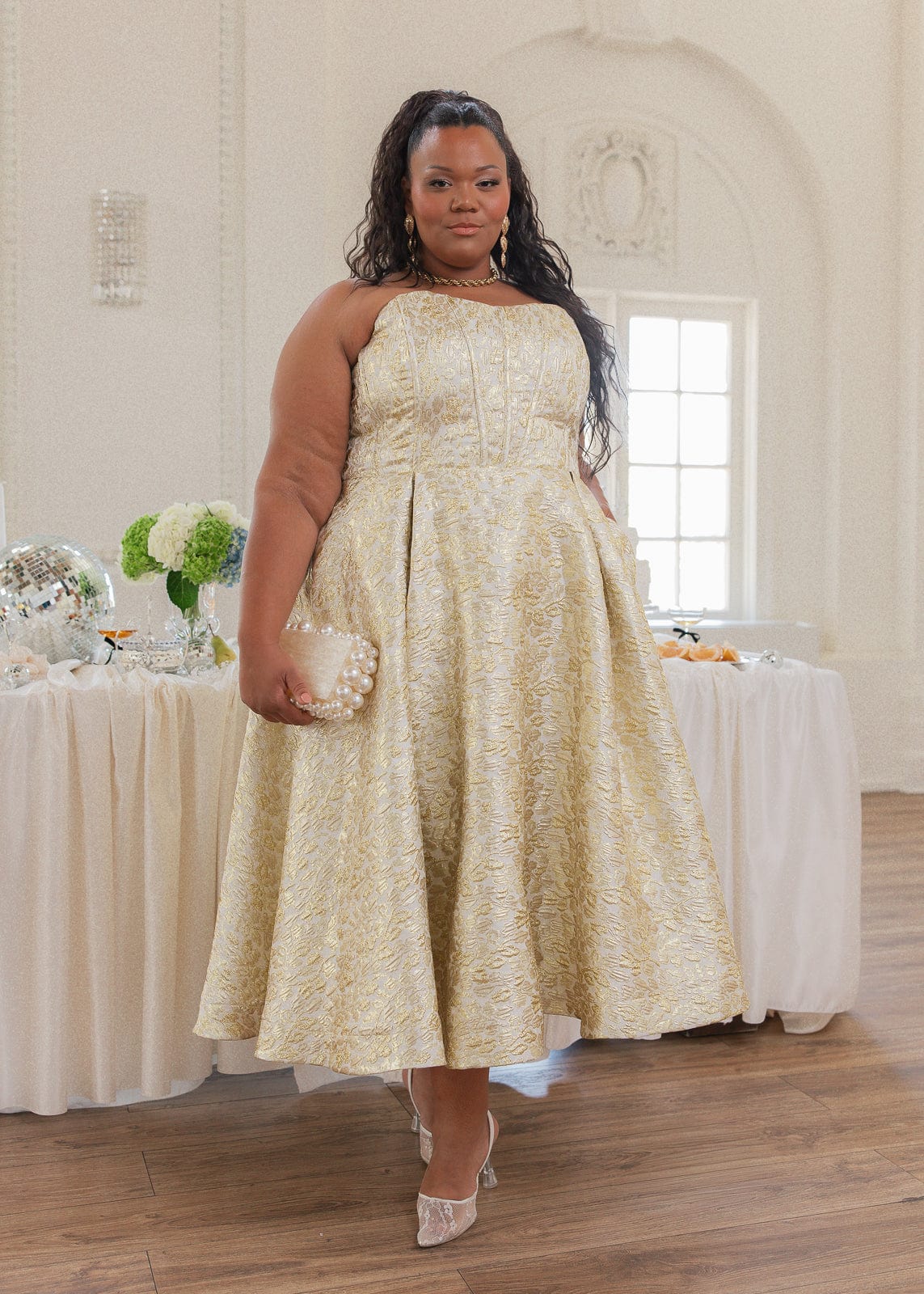 Gloria Strapless Corset Jacquard Midi Dress - Gold - Image 5