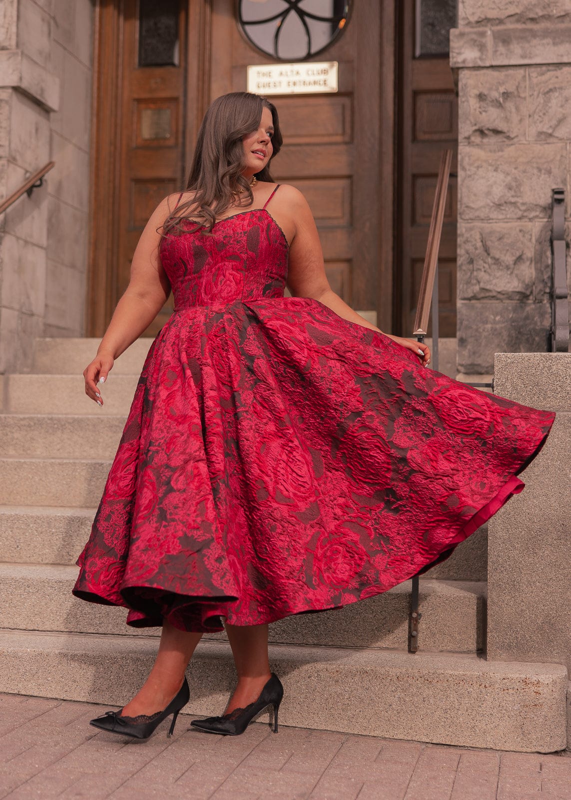 Kelly A-line Jacquard Midi Dress - Red - Image 5