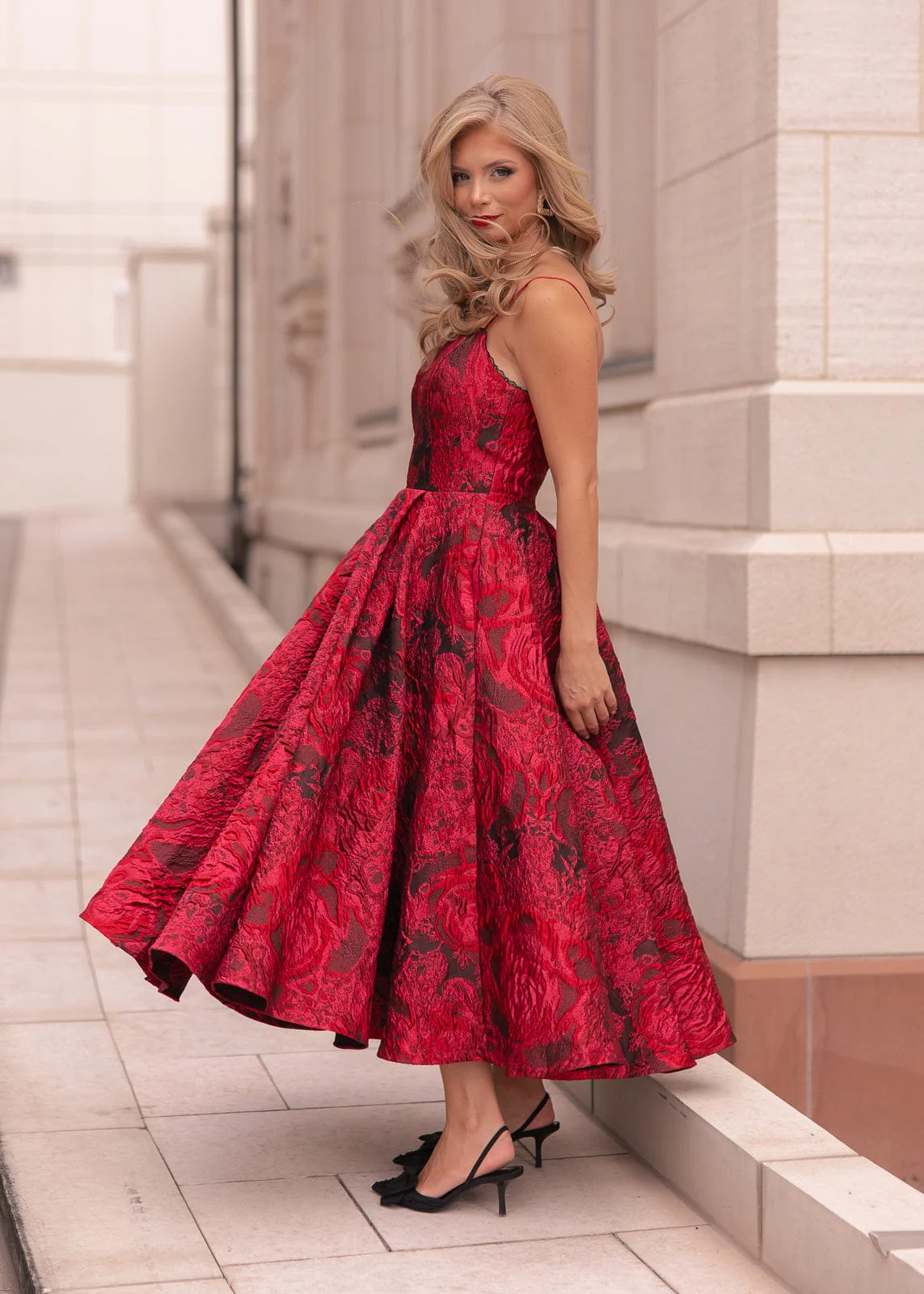 Kelly A-line Jacquard Midi Dress - Red - Image 6