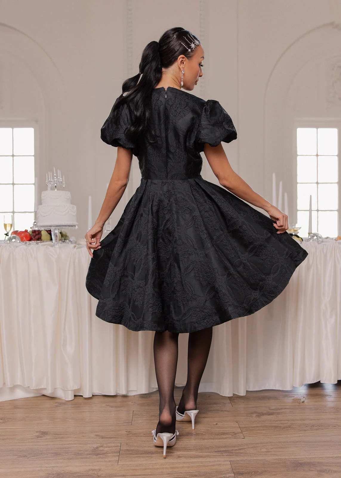Lennon Jacquard Knee Length Dress - Black - Image 11