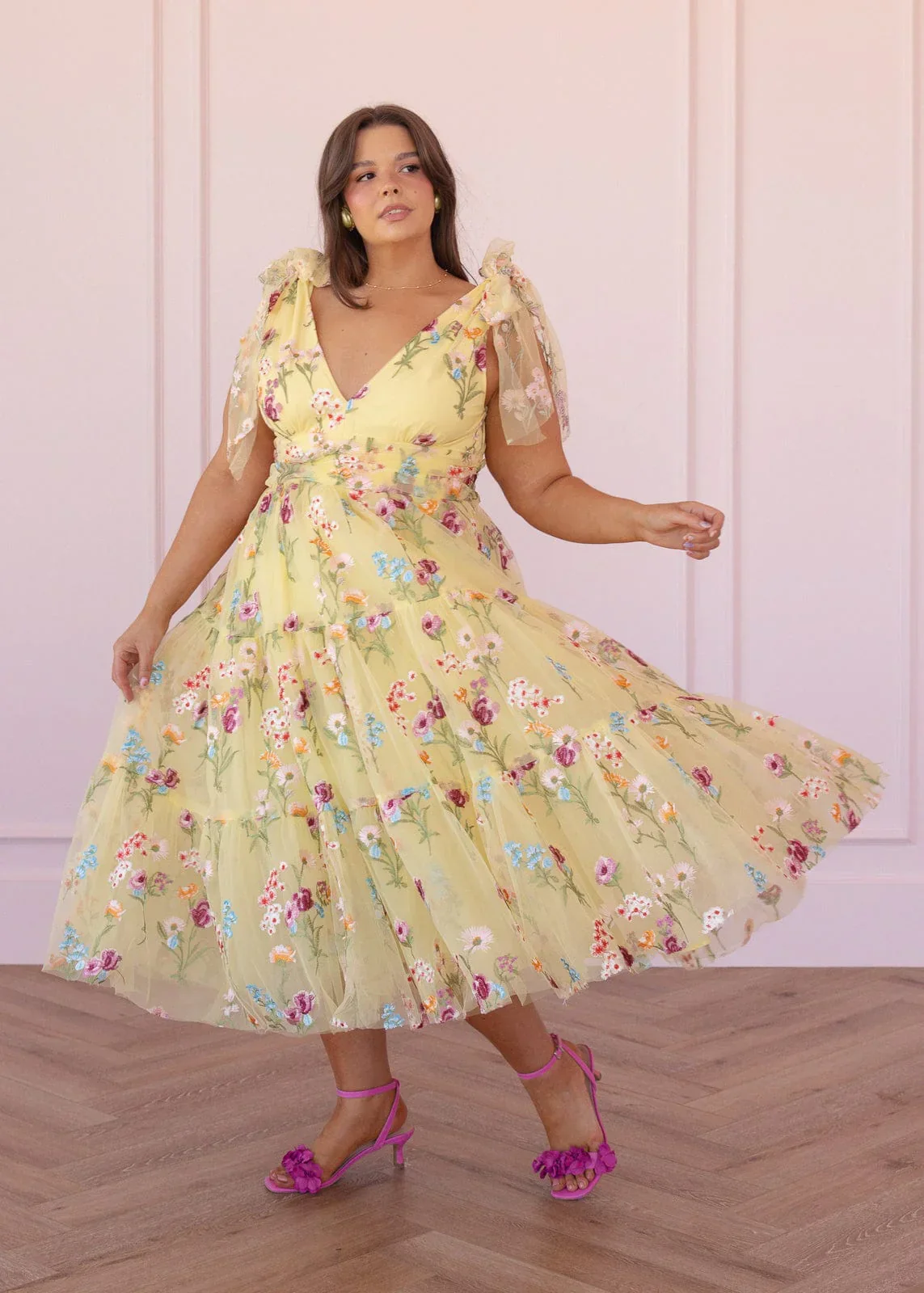 Margaret Floral Embroidered Midi Dress Yellow - Image 14