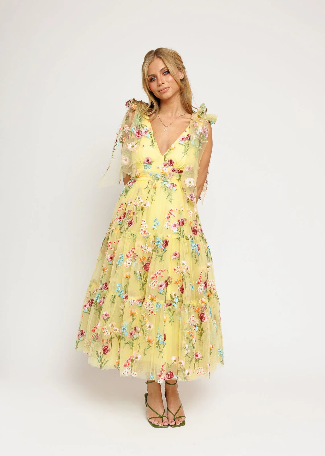 Margaret Floral Embroidered Midi Dress Yellow - Image 4