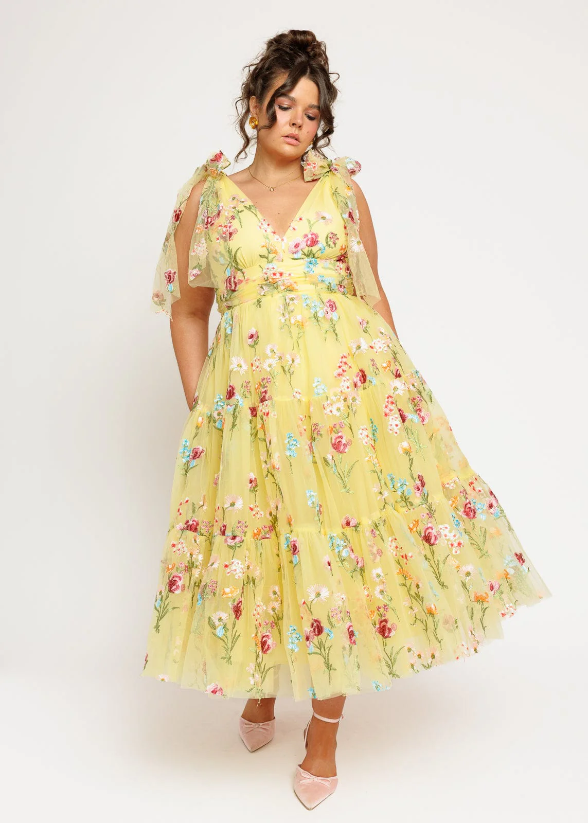Margaret Floral Embroidered Midi Dress Yellow - Image 7