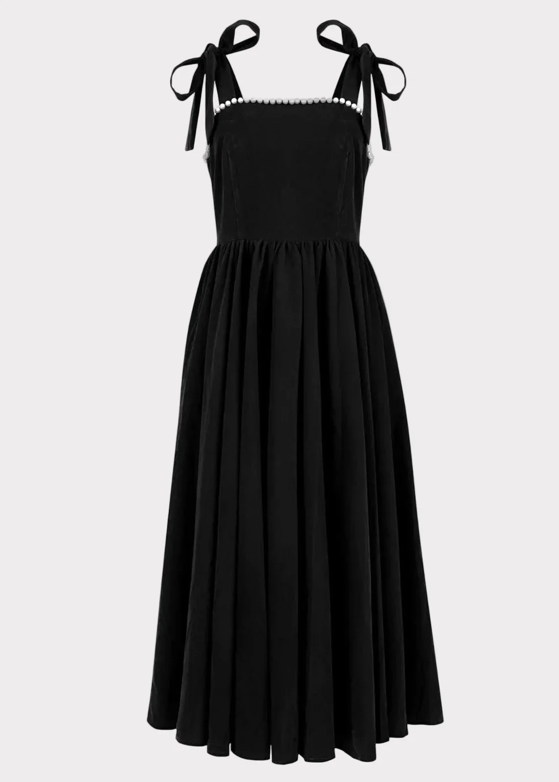 Mary Velvet Pearl Trim Bow Detail Midi Dress - Black - Image 2