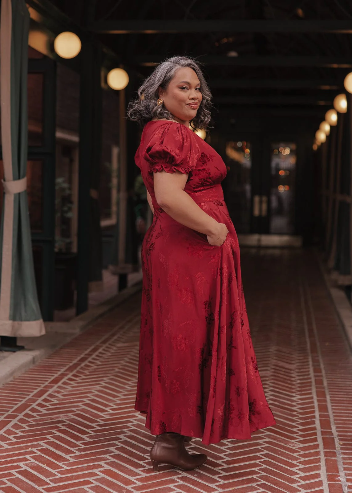 Mila Puff Sleeve Jacquard Floral Satin V-Neck Midi Dress - Burgundy - Image 10