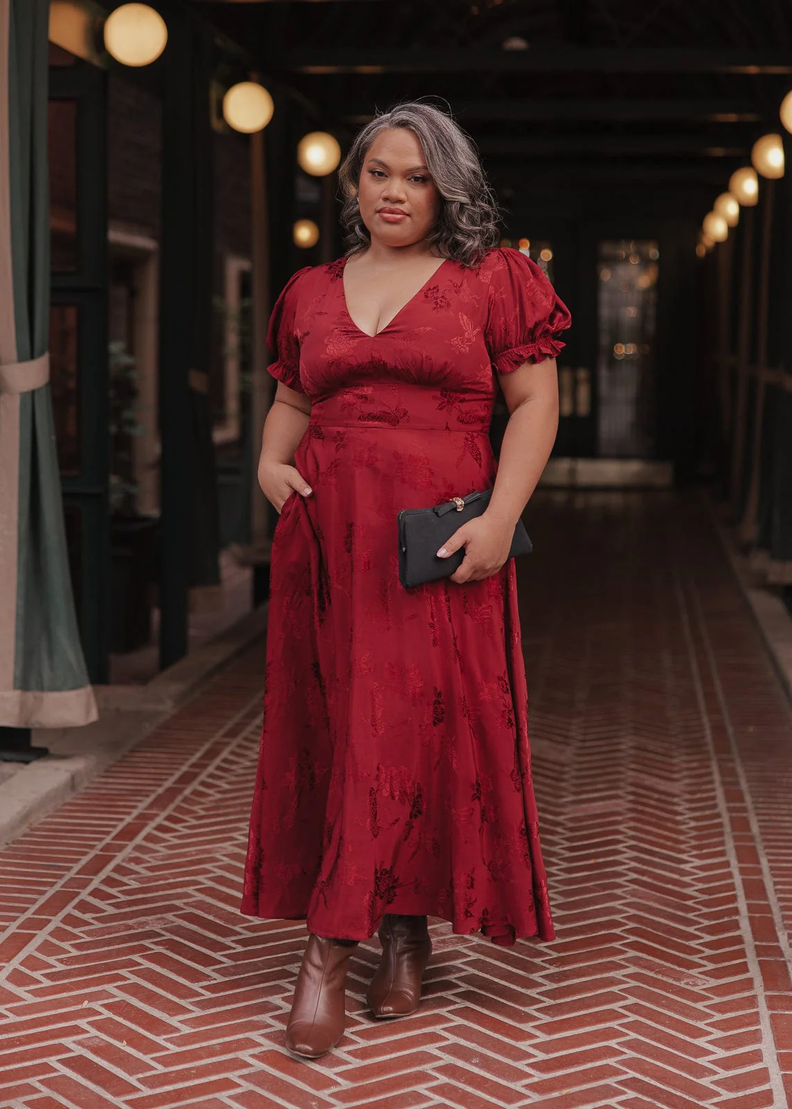 Mila Puff Sleeve Jacquard Floral Satin V-Neck Midi Dress - Burgundy - Image 4