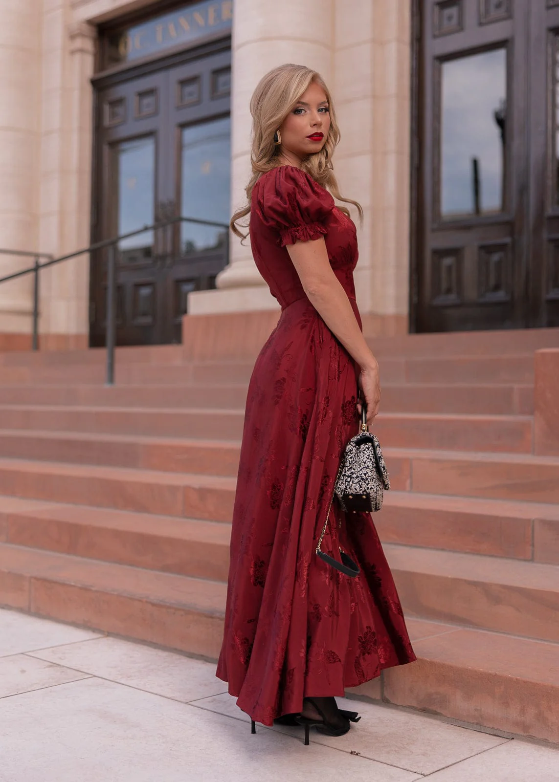 Mila Puff Sleeve Jacquard Floral Satin V-Neck Midi Dress - Burgundy - Image 8