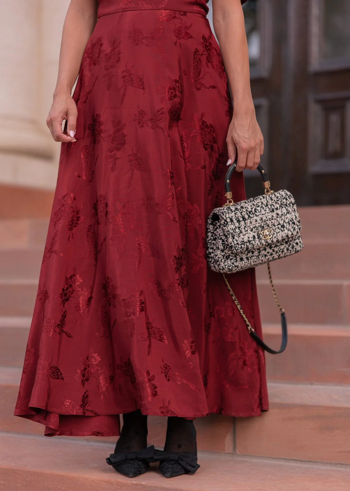 Mila Puff Sleeve Jacquard Floral Satin V-Neck Midi Dress - Burgundy - Image 9