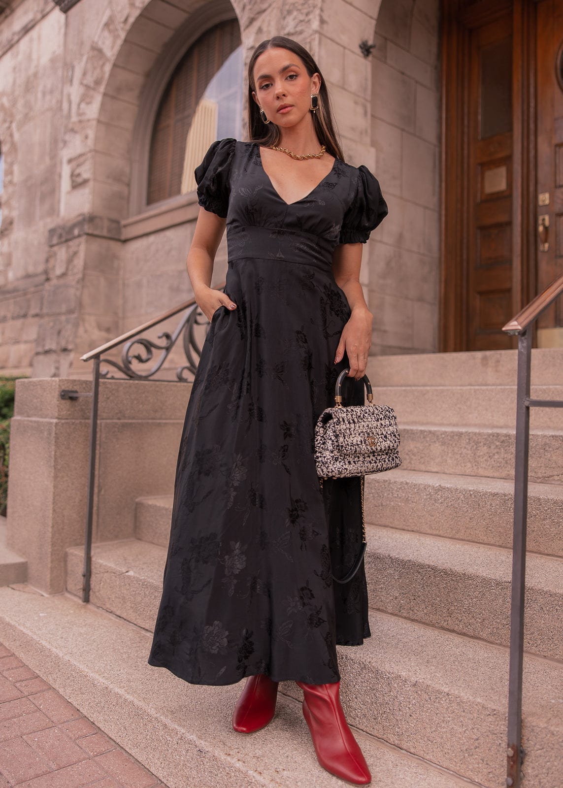 Mila Puff Sleeve Jacquard Floral Satin V-Neck Midi Dress - Black - Image 11