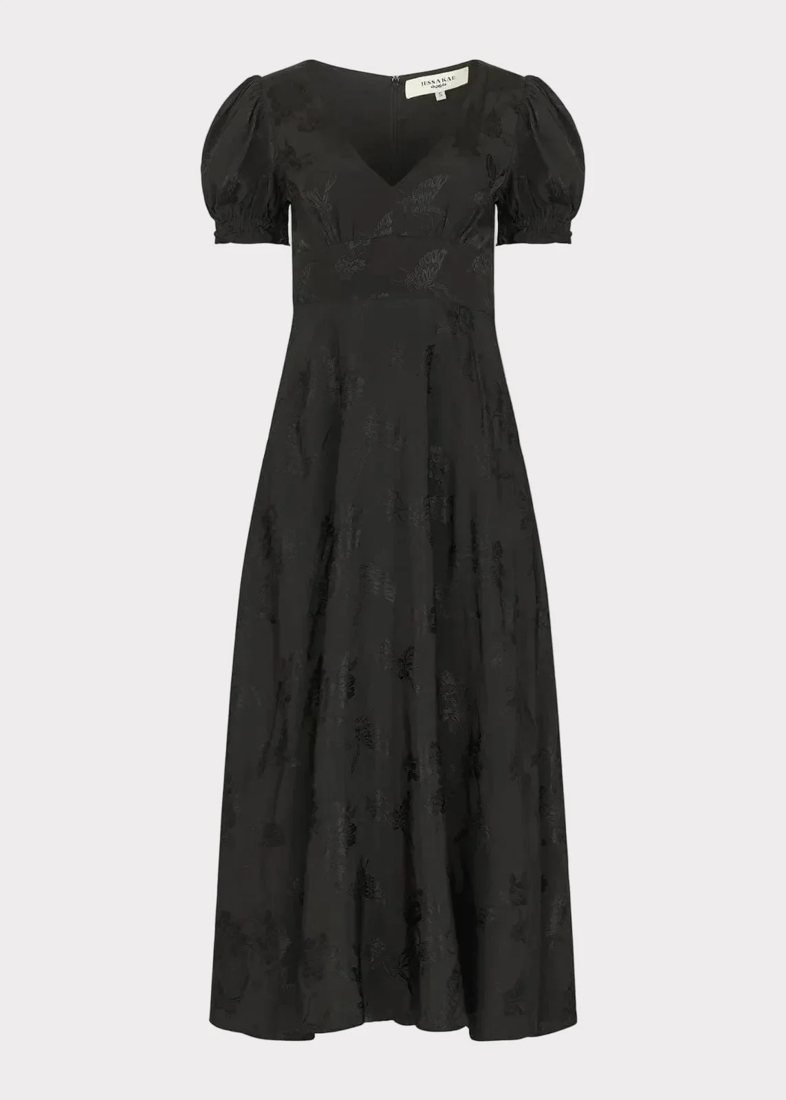 Mila Puff Sleeve Jacquard Floral Satin V-Neck Midi Dress - Black - Image 2
