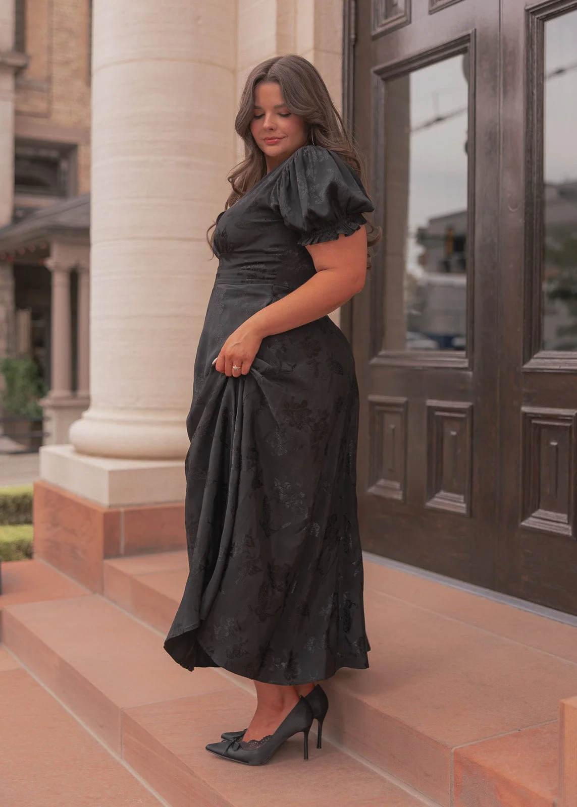 Mila Puff Sleeve Jacquard Floral Satin V-Neck Midi Dress - Black - Image 6