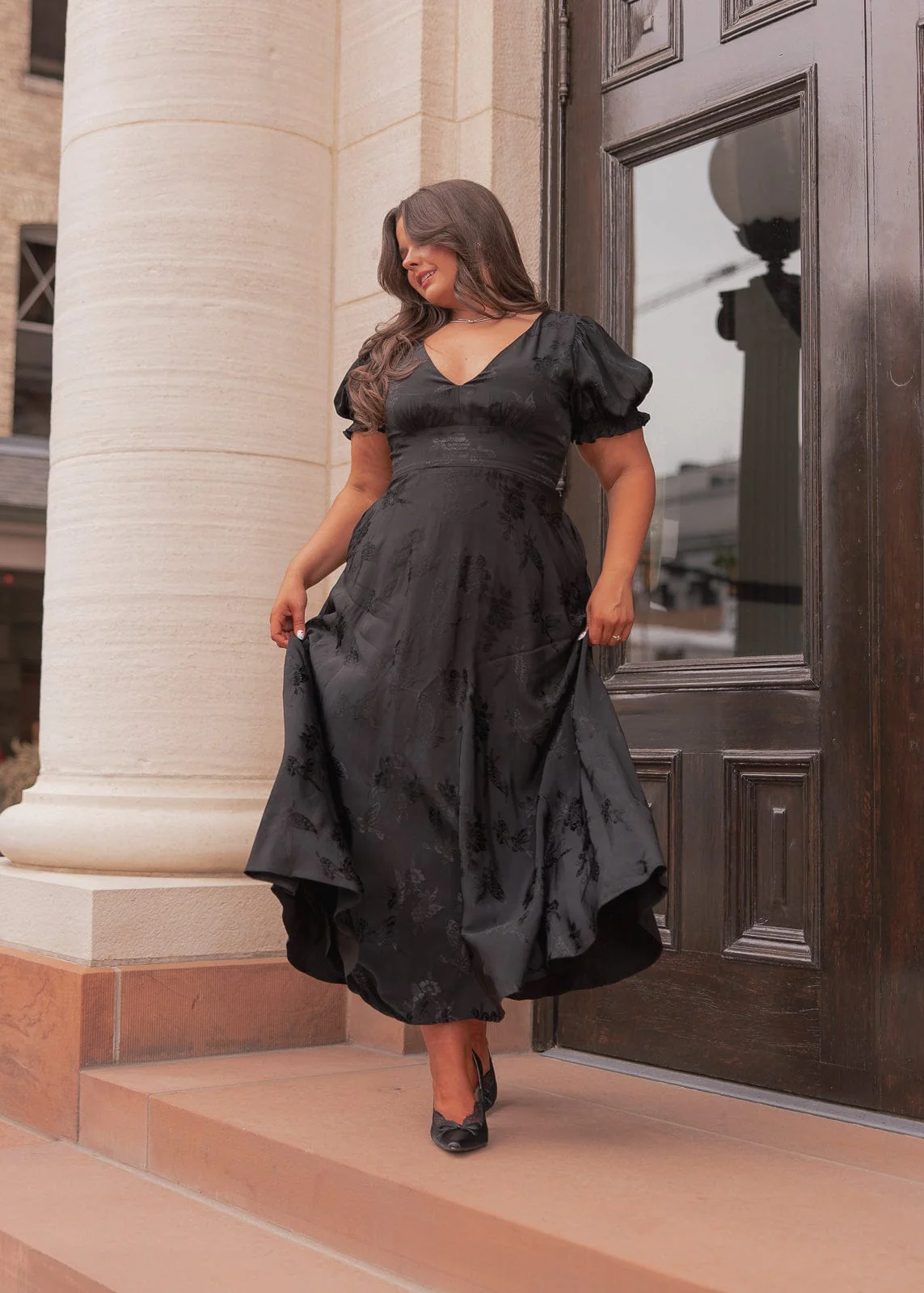Mila Puff Sleeve Jacquard Floral Satin V-Neck Midi Dress - Black - Image 8