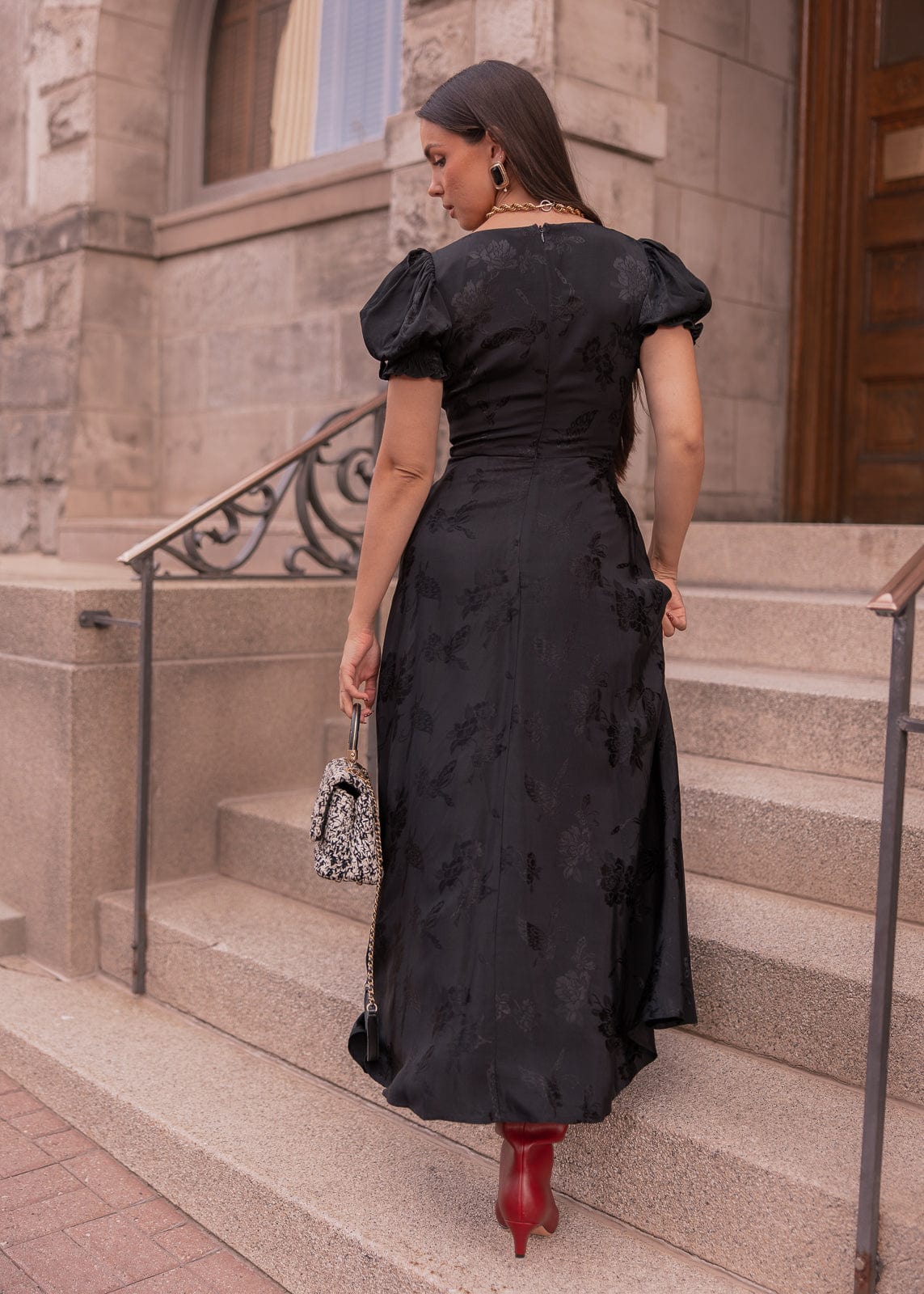 Mila Puff Sleeve Jacquard Floral Satin V-Neck Midi Dress - Black - Image 9
