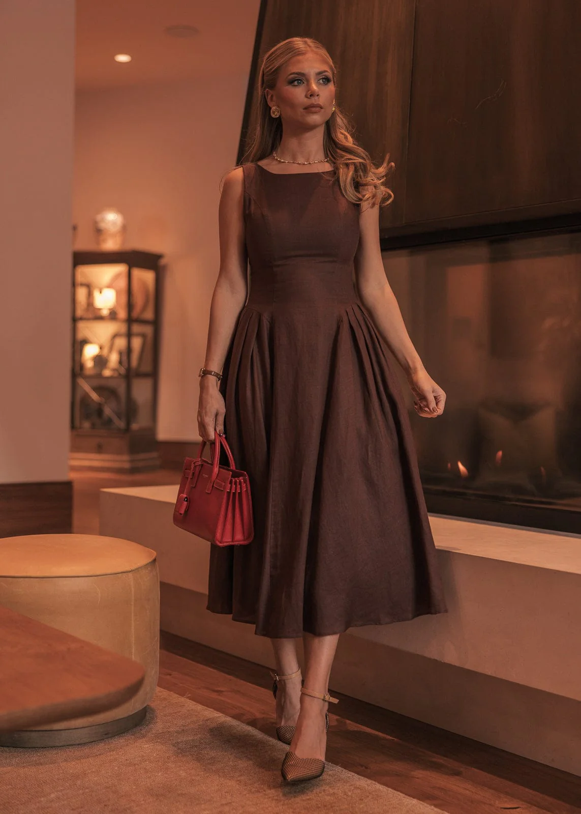 Miranda Midi Drop Waist Cotton Dress - Brown - Image 5