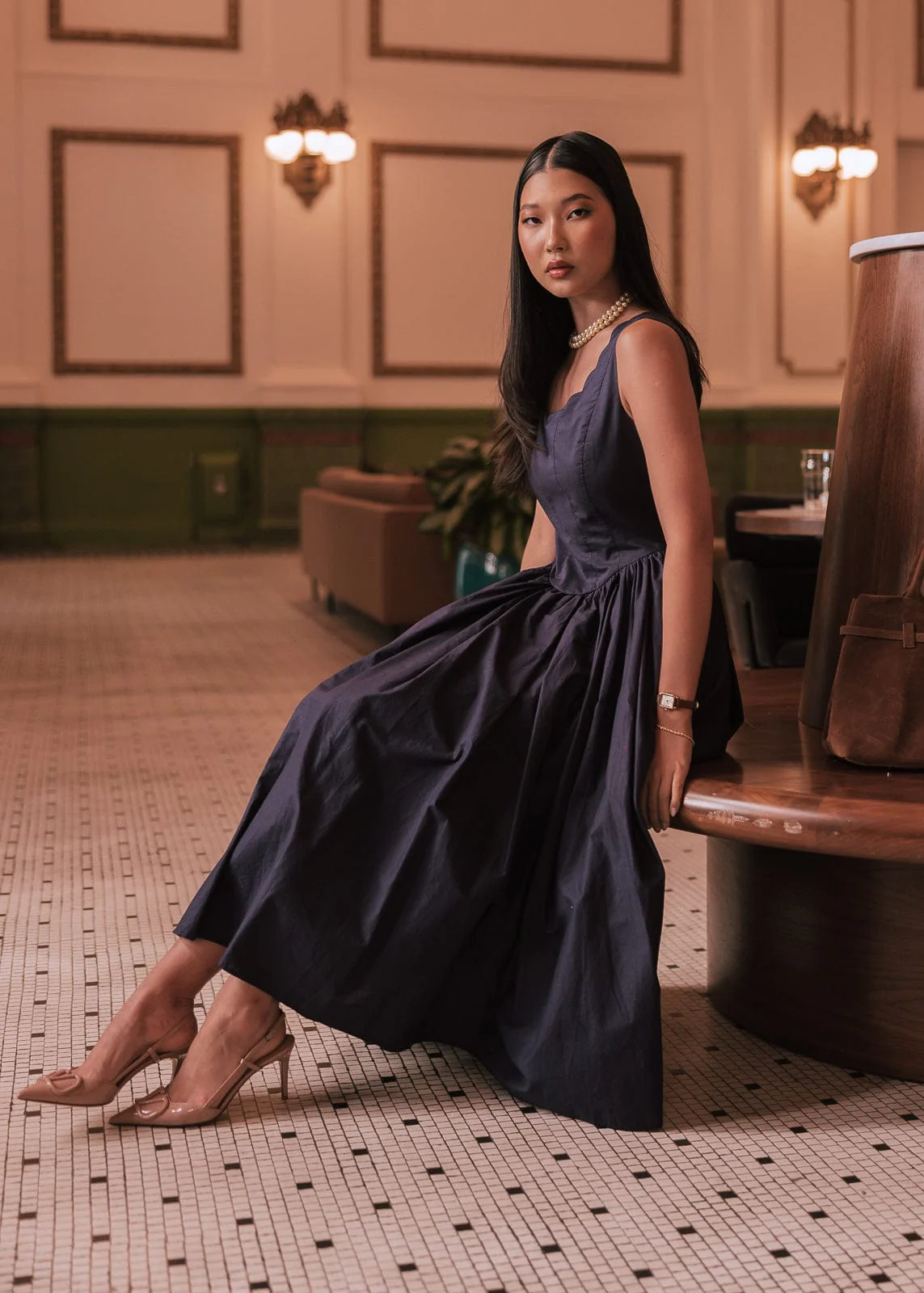 Nantucket Grove Scalloped Midi Work Dress - Navy - Image 3