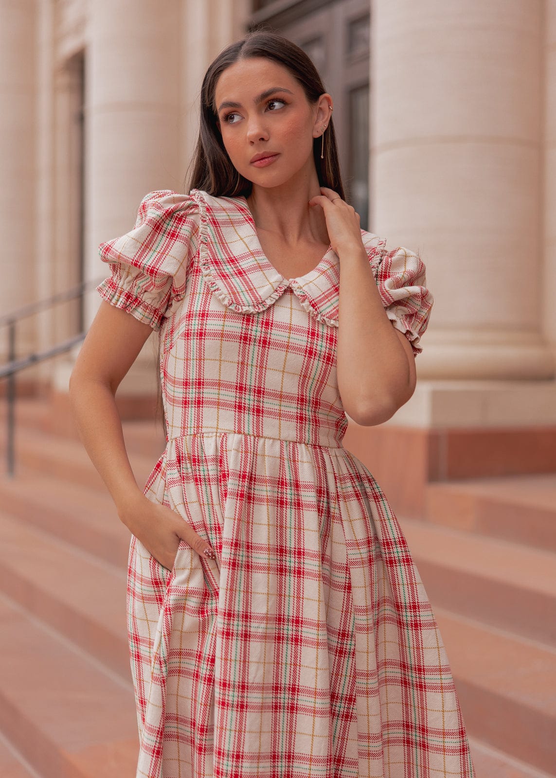 Pyper Oversized Collar Cotton Puff Sleeve Midi Dress - Red Plaid - Image 10
