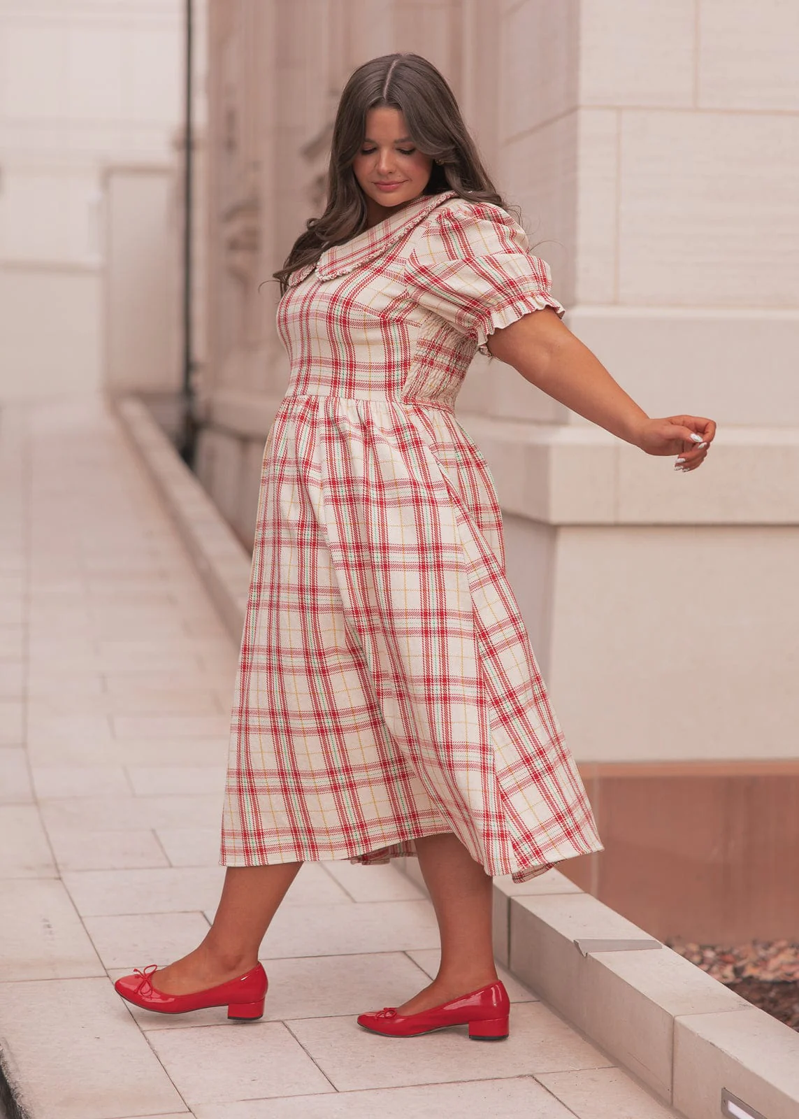 Pyper Oversized Collar Cotton Puff Sleeve Midi Dress - Red Plaid - Image 5