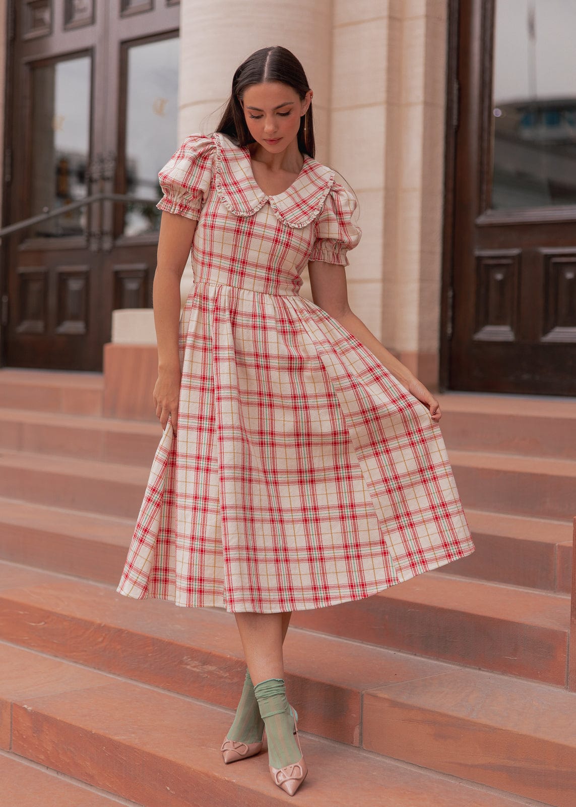Pyper Oversized Collar Cotton Puff Sleeve Midi Dress - Red Plaid - Image 9