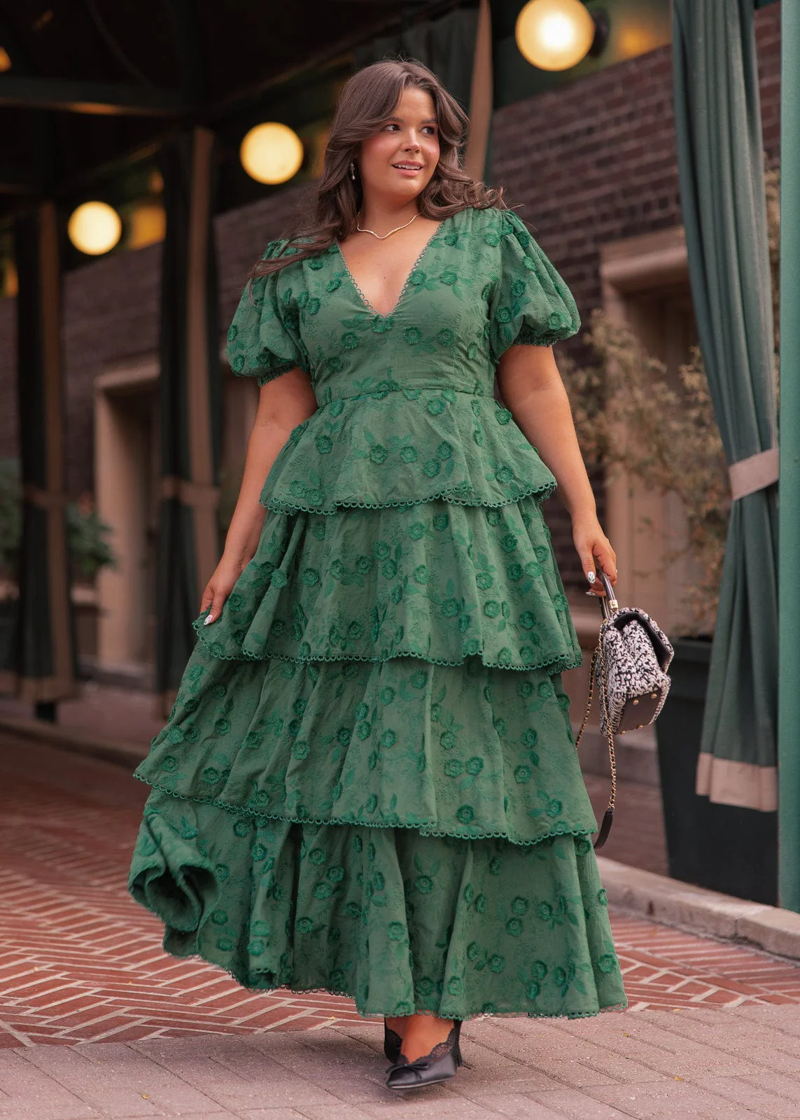 Sloane Puff Sleeve Tiered Cotton Floral V-Neck Maxi Dress - Green - Image 3