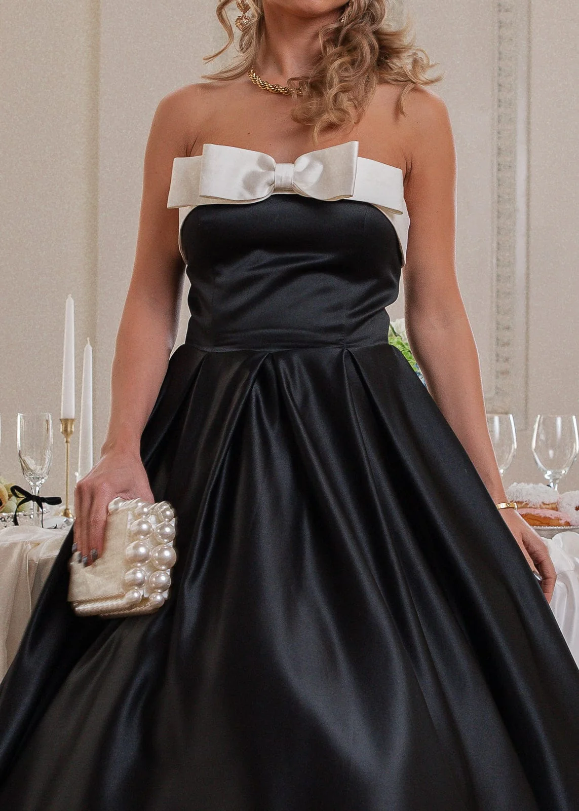 Sutton Satin Bow Strapless Dress - Black - Image 9